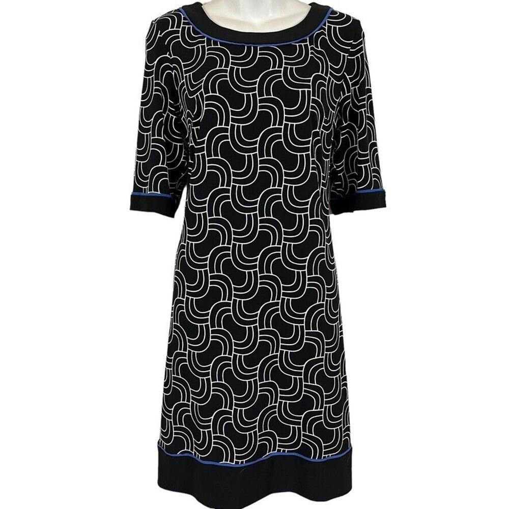 R&K Womens Black White Blue Stretch Jersey Knit 1/2 Sleeve Dress Knee Length M